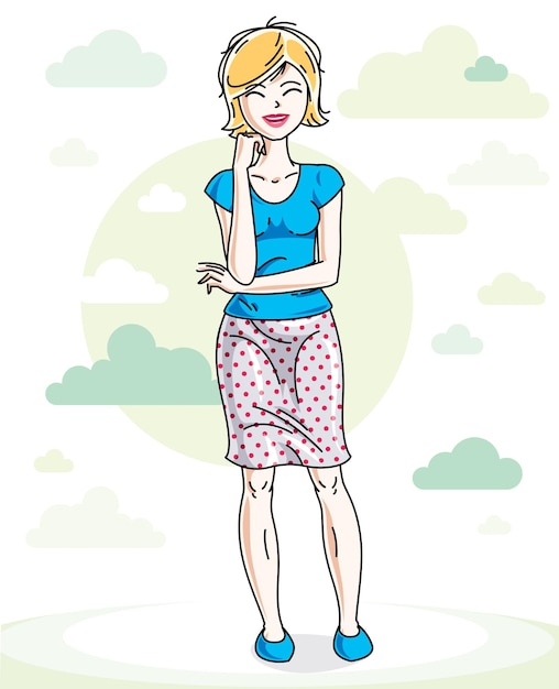 Aantrekkelijke jonge blonde vrouw die zich voordeed op natuur achtergrond met blauwe lucht en wolken. Vectorillustratie aardige dame.