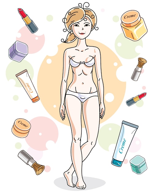 Aantrekkelijke jonge blonde vrouw in ondergoed staande op kleurrijke achtergrond met cosmetische accessoires. Vector menselijke illustratie.