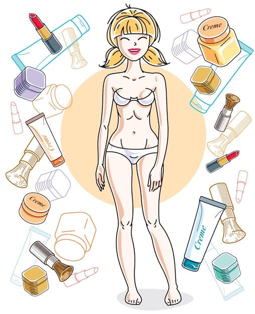 Aantrekkelijke jonge blonde vrouw in ondergoed staande op kleurrijke achtergrond met cosmetische accessoires. Vector menselijke illustratie.