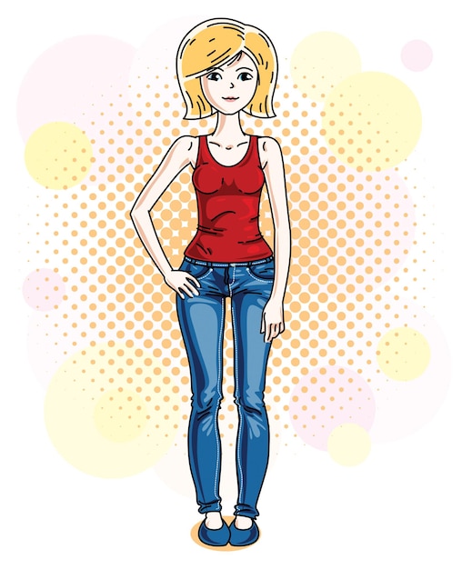 Aantrekkelijke jonge blonde vrouw staande op kleurrijke achtergrond met bubbels en casual kleding dragen. Vector menselijke illustratie.