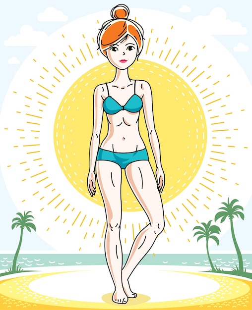 Aantrekkelijke jonge roodharige vrouw die zich voordeed op tropisch strand met palmbomen en blauwe bikini draagt. Vectorillustratie aardige dame. Levenslange thema-clipart.