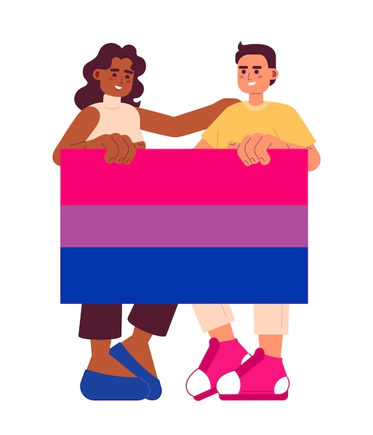 Vector aantrekkelijke mensen met biseksuele trots vlag semi platte kleur vector karakters lgbt gemeenschap bewerkbare full body mensen delen steun op wit eenvoudige cartoon spot illustratie voor web grafisch ontwerp