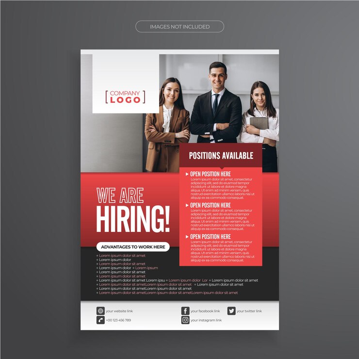 Vector aantrekkelijke ontwerpen en sjablonen van posters, sociale media en flyers voor vacatures met rood thema