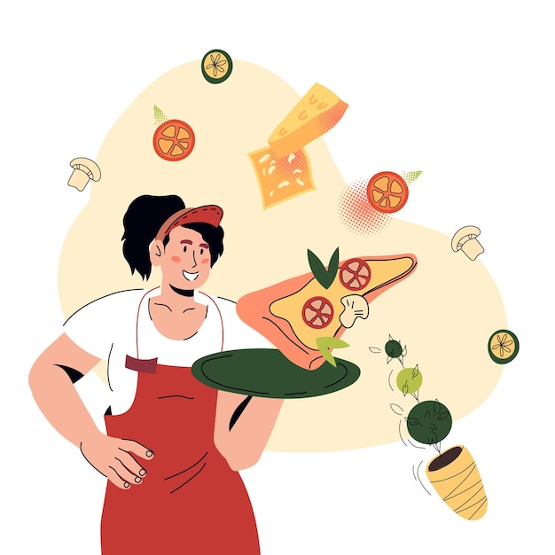 Aantrekkelijke serveerster met een dienblad met plakje pizza pizzeria of italiaans restaurant serveerster omringd door pizza ingrediënten cartoon vectorillustratie geïsoleerd op een witte achtergrond