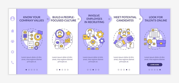 Aantrekken van toptalenten onboarding vector sjabloon. Wervingsproces. Responsieve mobiele website met pictogrammen. Webpagina walkthrough 5 stappen schermen. Kleurconcept voor banenjacht met lineaire illustraties