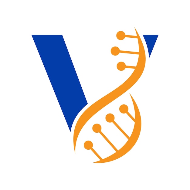 Aanvankelijk DNA-logo op letter V Vector-sjabloon voor gezondheidszorgsymbool