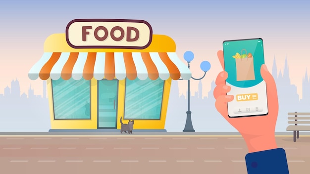 Aanvraag voor online winkelen voor vers voedsel. Voedsel winkel. Online winkelconcept. Vector.