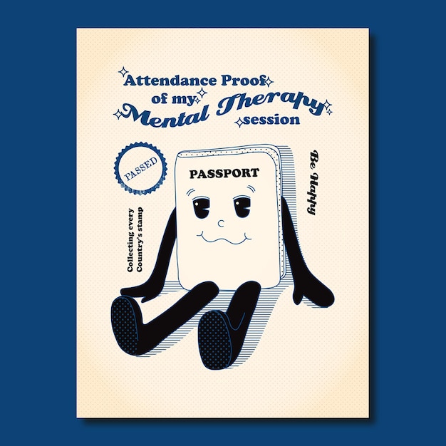 Vector aanwezigheidsbewijs van mentale therapie met poster met paspoort vector retro thema