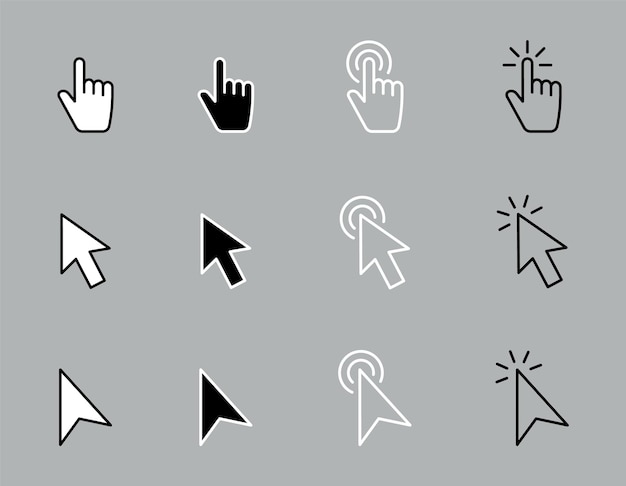 Aanwijzer klik pictogrammenset Handcursor klik Pijlaanwijzer Computermuiscursor Klikken met de vinger wijzend Vectorillustratie