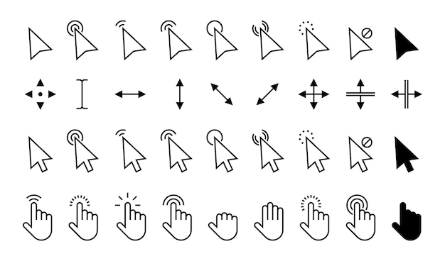 Vector aanwijzercursor computermuisklik op pijlpictogrammen vlakke stijl wijzende vinger en tekstcursor