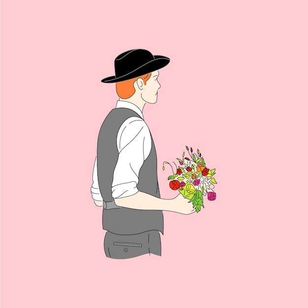 Vector aanzoek verloving getrouwde man die met bloem staat te wachten op liefde
