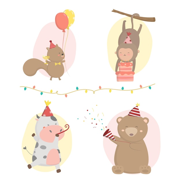 Aap, koe, beer, eekhoorn, voorbereiding verjaardagsfeestje samen versierden ze de zaal met ballonnen en lichtjes. en maak een papieren shooter klaar voor een feestje
