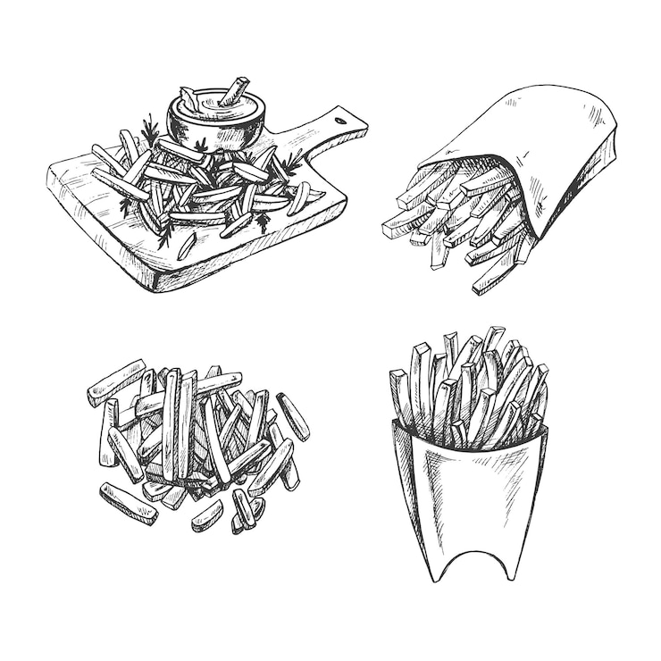 Vector aardappel frietjes hand getrokken schets illustraties geïsoleerd op een witte achtergrond