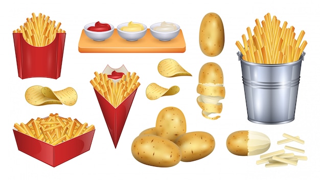 Aardappel fry illustratie. realistische set pictogram plantaardig voedsel.