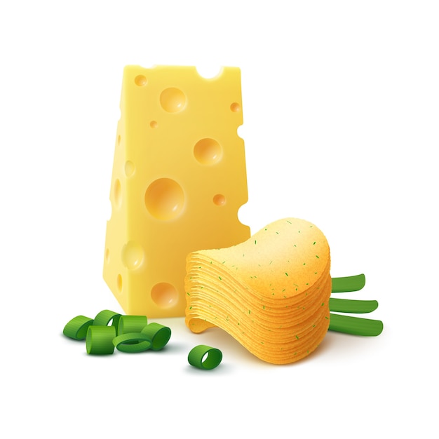 Aardappel knapperige chips stapel met kaas en ui close-up geïsoleerd op witte achtergrond