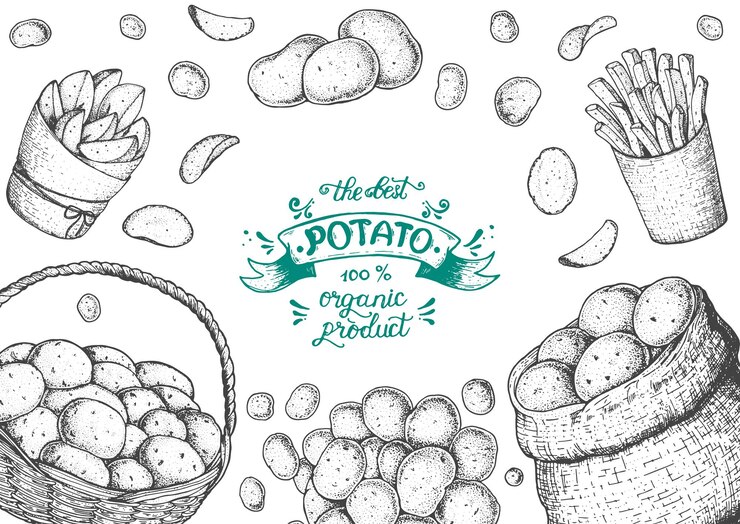 Vector aardappel vectorillustratie mandje en zak aardappelen franse frietjes rustieke aardappelen en chips met de hand getekend gegraveerde stijl frame