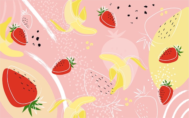 Aardbei en banaan abstracte hand die roze achtergrond trekt Banner voor een barcocktailmenu