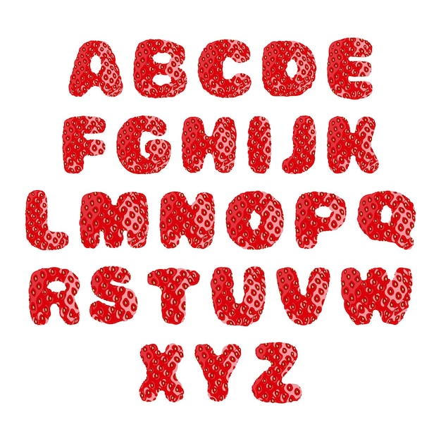 Aardbei lettertype, set letters. engelse alfabet. alfabetisch karakter met aardbeitextuur.