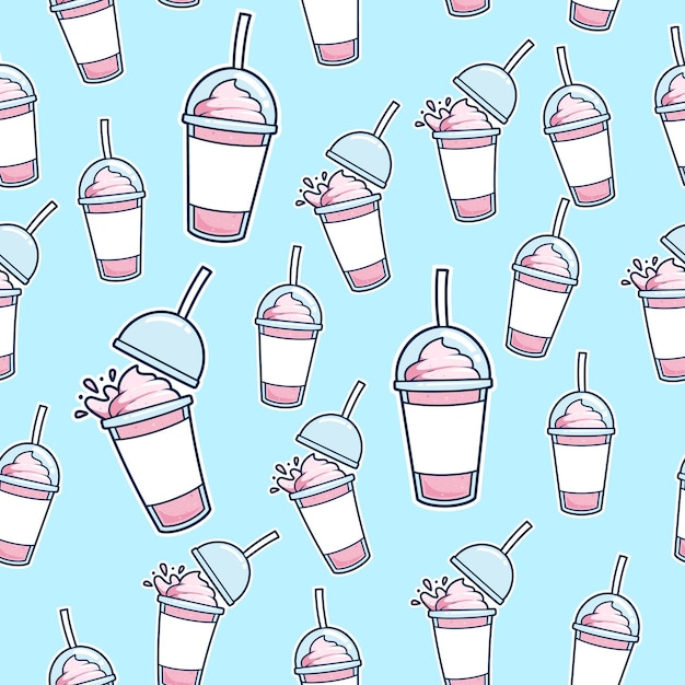 Aardbei milkshake in afhaalmaaltijden plastic beker naadloze patroon achtergrond