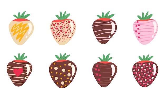 Aardbeien in chocolade grote set Handgetekende illustratie