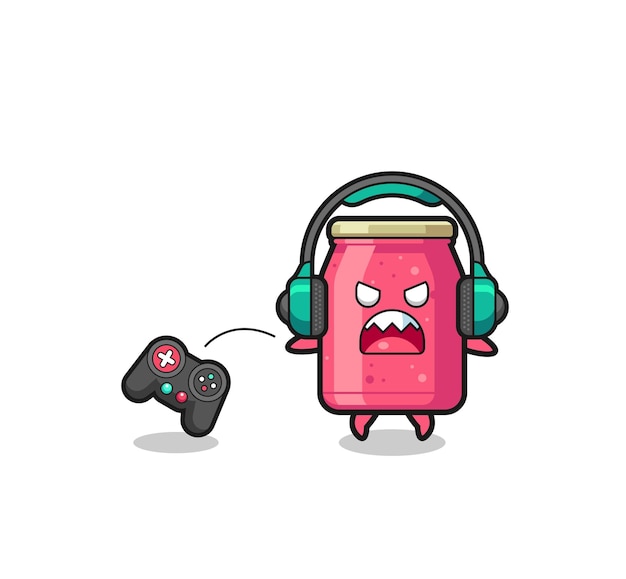 Aardbeienjam gamer-mascotte is boos