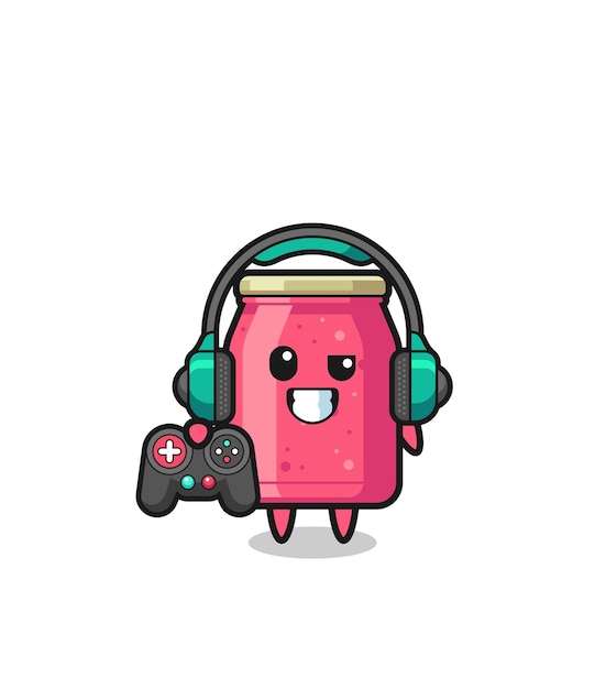 aardbeienjam gamer-mascotte met een gamecontroller