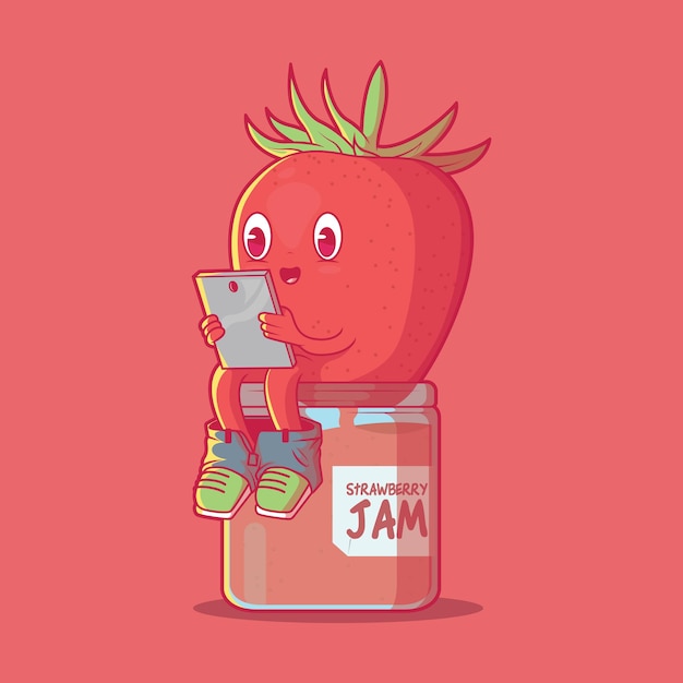 Aardbeienjam illustratie Technologie eten grappig ontwerpconcept