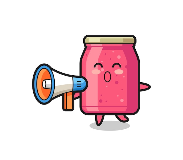 Aardbeienjam karakter illustratie met een megafoon, schattig design