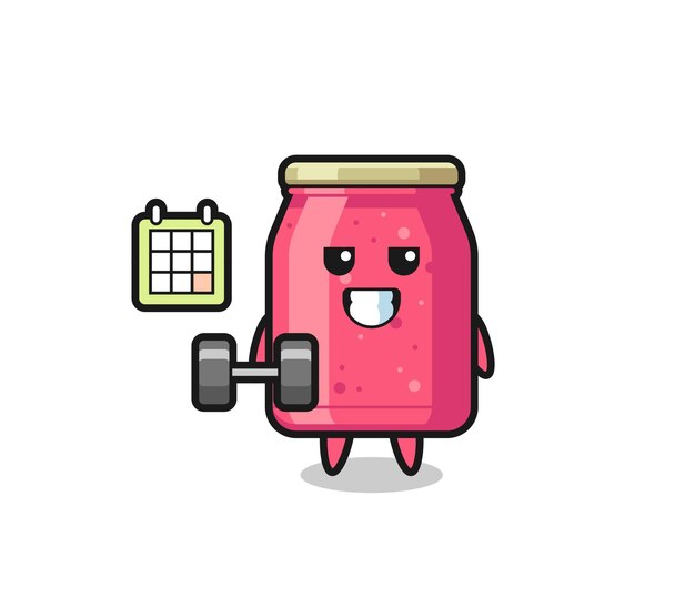 Aardbeienjam mascotte cartoon doet fitness met halter, schattig design