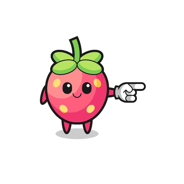 Aardbeienmascotte met wijzend naar rechts gebaar schattig ontwerp