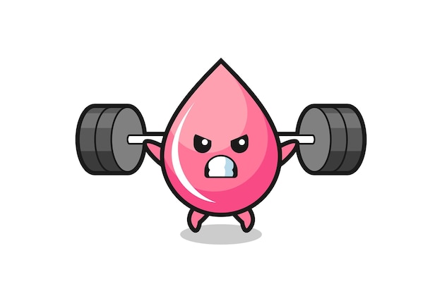 Aardbeiensap drop mascotte cartoon met een barbell, schattig stijlontwerp voor t-shirt, sticker, logo-element