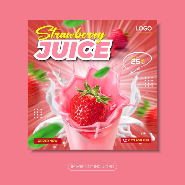 Aardbeiensap en vers gezond fruit social media instagram post-bannersjabloon