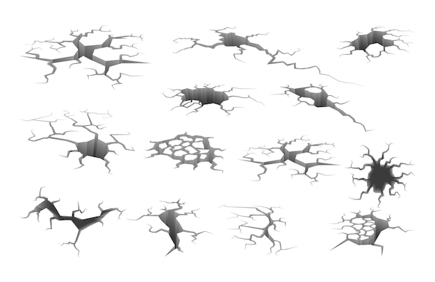 Aardbeving grondscheur. gat in vloer met kraken en aarde vernietiging scheuren, verwoeste muur met breuk structuur, schade breekt oppervlaktetextuur effect vector set geïsoleerd op witte achtergrond