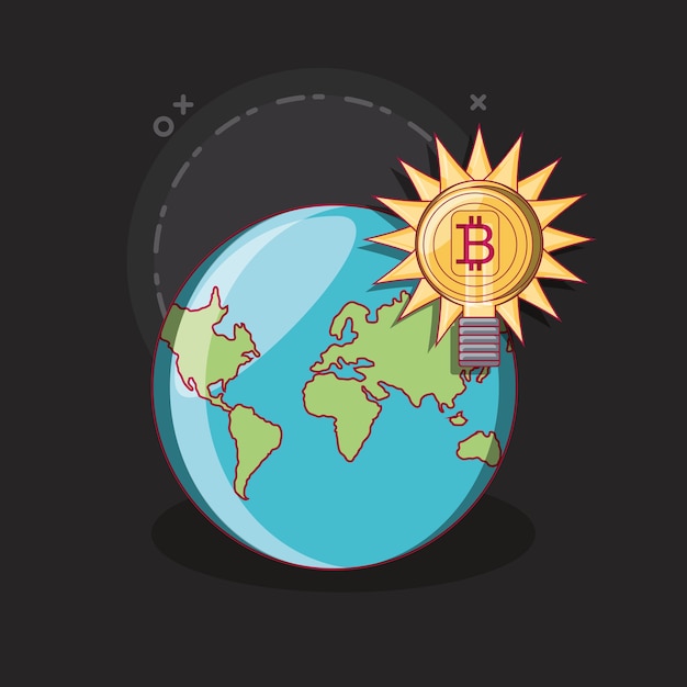 aarde planeet met gloeilamp met bitcoin-symbool