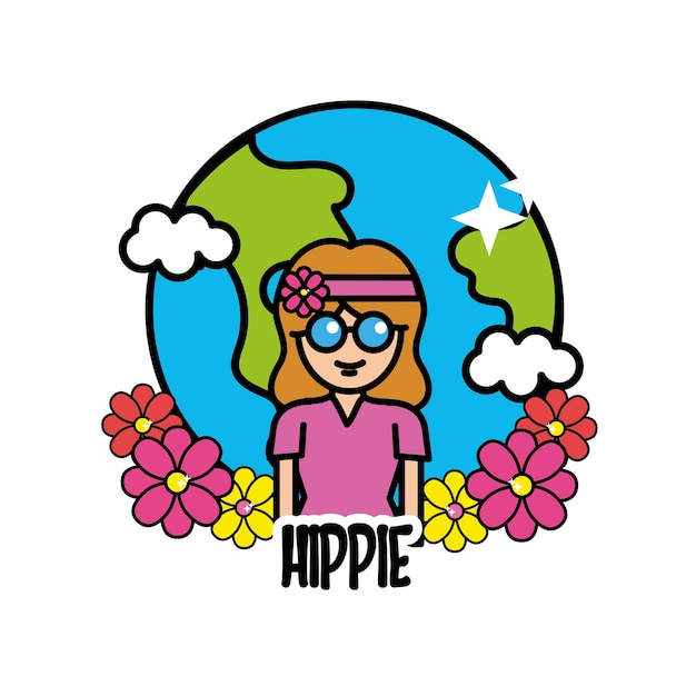 aarde planeet met hippie vrouw en bloemen