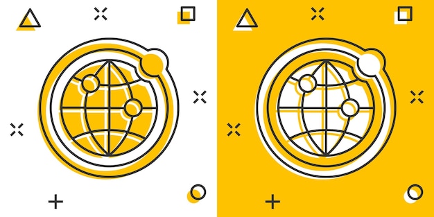 Aarde planeet pictogram in komische stijl Globe geografische cartoon vectorillustratie op witte geïsoleerde achtergrond Wereldwijde communicatie splash effect bedrijfsconcept