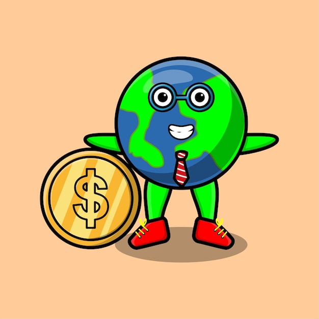 Aarde succesvolle zakenman met gouden munt cartoon vector afbeelding voor tshirt sticker enz