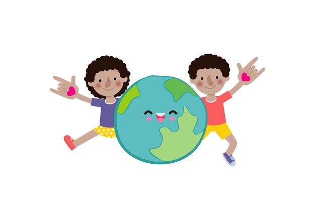 Aardedag schattige kinderen redden de wereld wereld milieudag op witte achtergrond vector illustratie