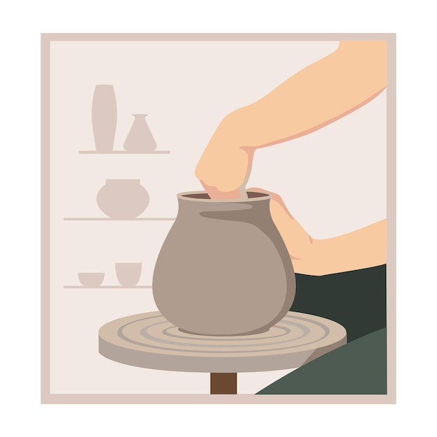 Aardewerk workshop vector. Potter maakt een pot van klei op een pottenbakkersschijf. Vector illustratie.