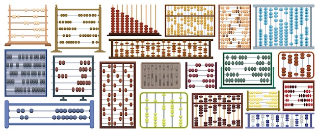ベクトル そろばんベクトル漫画アイコンセット。白い背景を頼りにするためのコレクションベクトルイラストツール。webデザインのそろばんの孤立した漫画イラストアイコンセット