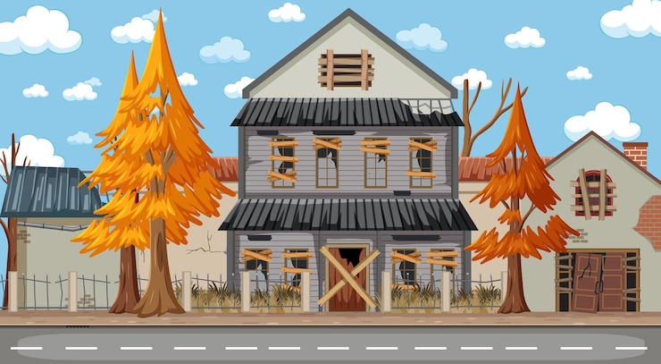 Vector abandon empty rutal town with old broken house background