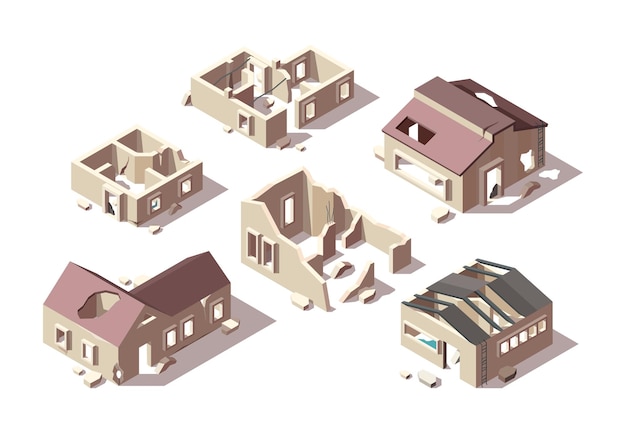 Abandoned buildings. isometric broken houses city ruined objects  architectural objects set.