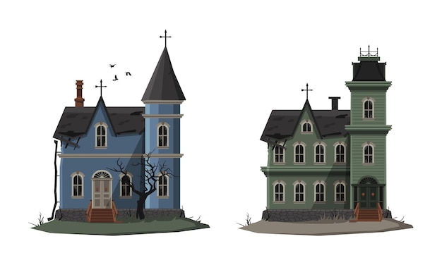 abandoned castles set haunted gothic mansions cartoon vector illustration