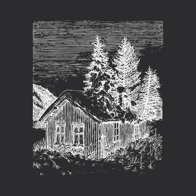 abandoned house in winter hand drawn sketch