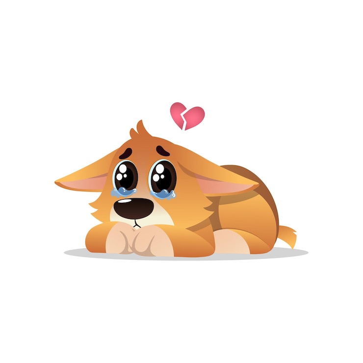Vector abandoned little corgi with tears on eyes lonely puppy lies with broken pink heart over his head cartoon dog character domestic animal concept vector illustration in flat style isolated on white