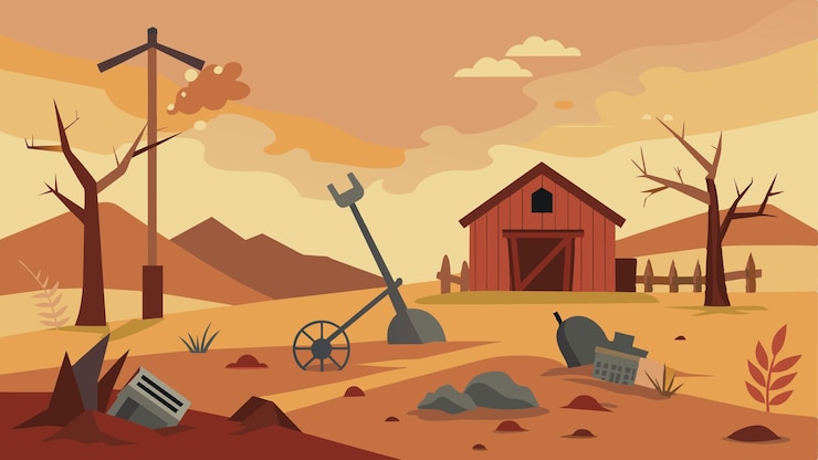 Vector the abandoned remnants of a small farm reveal a broken plow a other forgotten tools a testament to