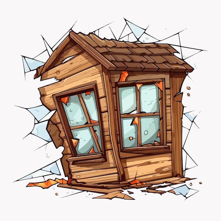 Vector abandoned wooden house with broken windows illustration