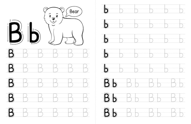 Abc aalphabets libro di tracciamento interno per bambini bambini che scrivono foglio di lavoro con immagine elementi vettoriali premium lettera b