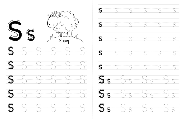 Abc alfabetten tracing boek interieur voor kinderen kinderen schrijven werkblad met afbeelding premium vector elementen letter s