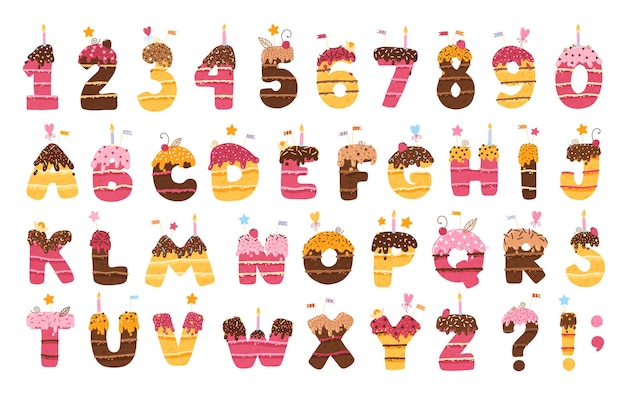 Vector abc alphabet and numbers birthday cake with chocolate icing and decors